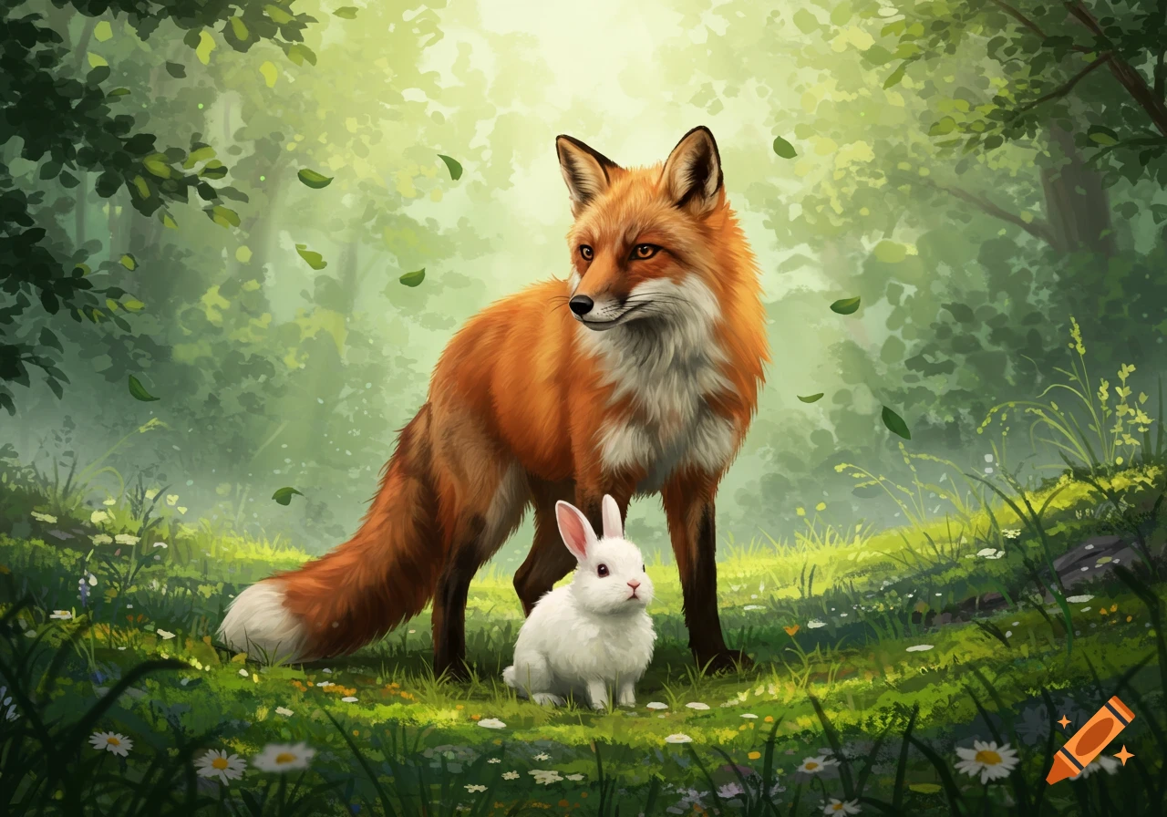 An orange fox stands over a white bunny in a sunlit green forest with leaves falling, in an illustrative style.