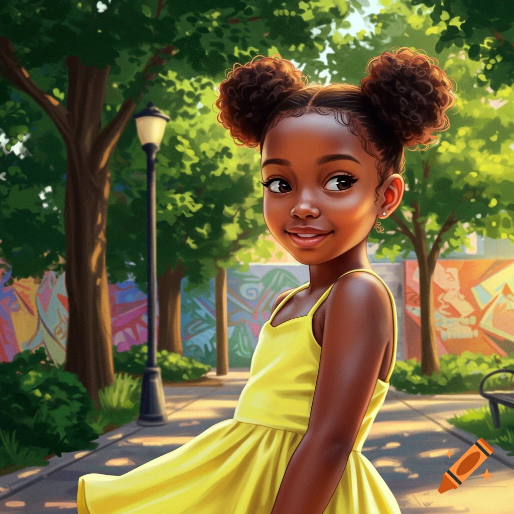 A cartoon illustration of a smiling Black girl with two buns in a yellow dress, standing in a sunny park with graffiti walls.