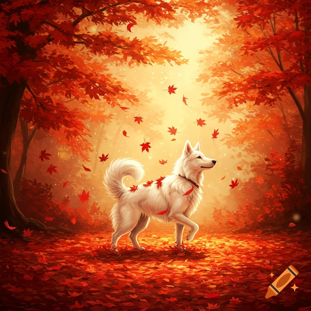 A white dog stands amidst a vibrant autumn forest with red and orange leaves covering the ground and falling from trees, in a digital painting style.