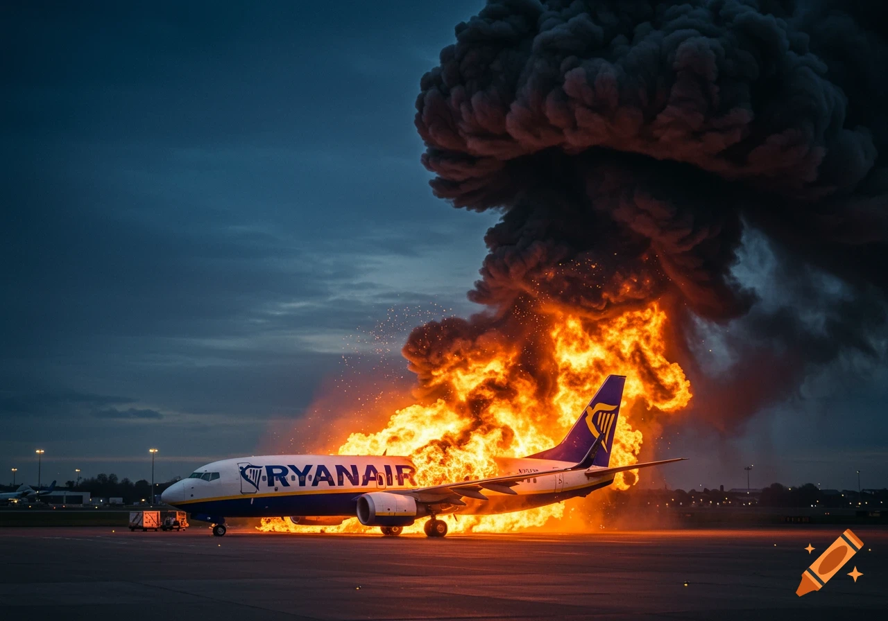 A photorealistic image of a Ryanair airplane engulfed in large flames and dark smoke on an airport tarmac at dusk.