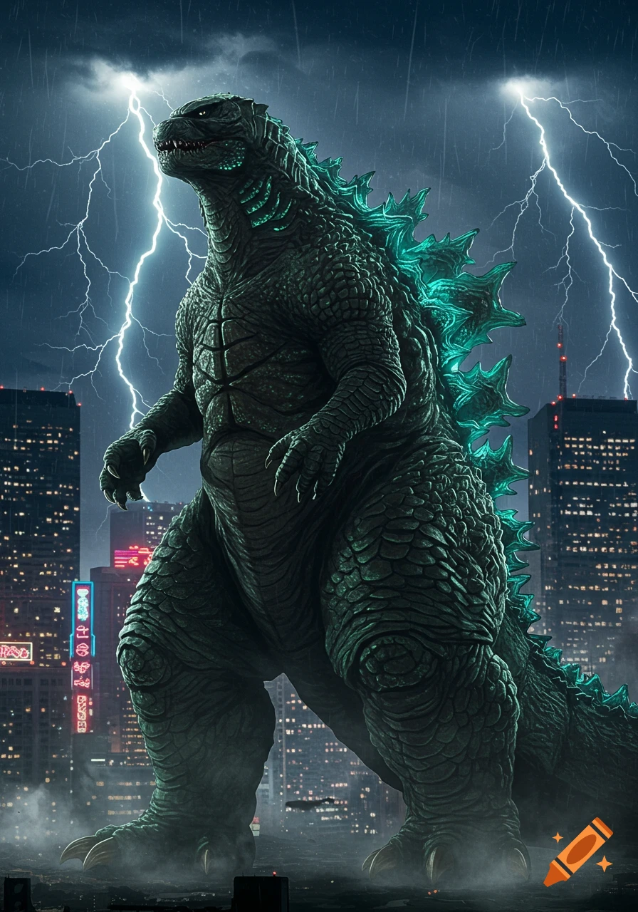 Godzilla, with glowing blue spines, stands tall in a rainy, lightning-struck city at night.