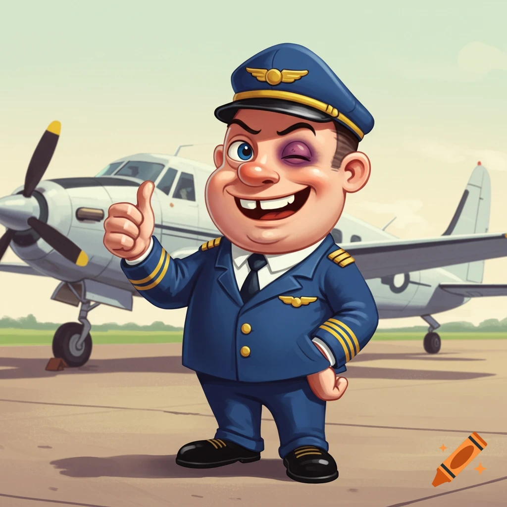 A 1950s style cartoon pilot mascot with a black eye and missing tooth smiles and gives a thumbs up in front of an airplane.