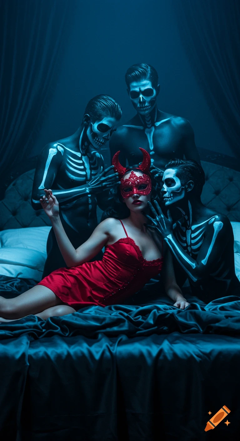 A woman in a red slip and devil mask lies on a blue bed surrounded by three men in skeleton body paint in a gothic bedroom, photorealistic.