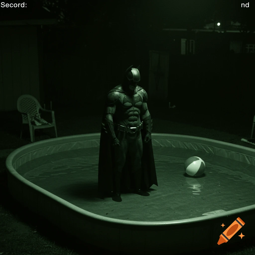 Batman stands in a kids' pool with a beach ball at night, captured in green-tinted security footage.