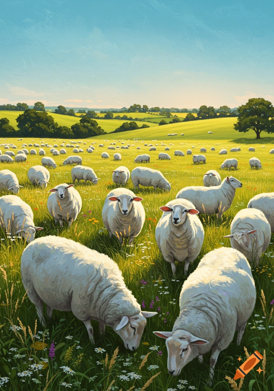 A large flock of white sheep graze in a vibrant green field under a clear blue sky.