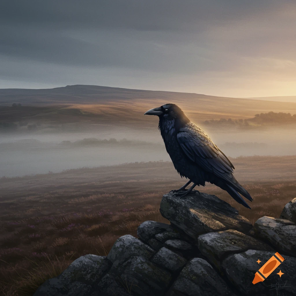 A black raven perches on dark rocks, looking over a misty moorland with golden light from the setting sun.