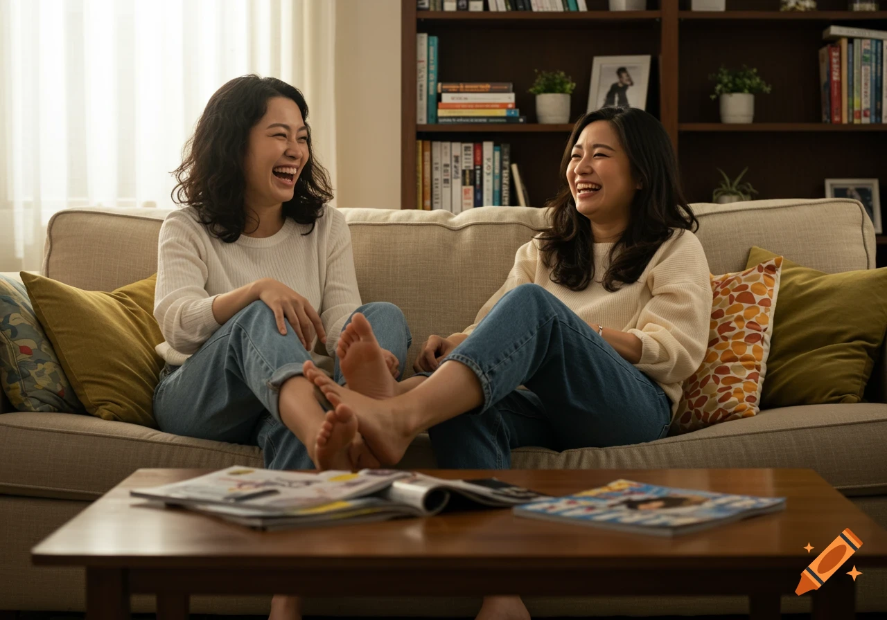 Two Asian women laughing on a sofa in a living room, one's bare feet resting near the other.