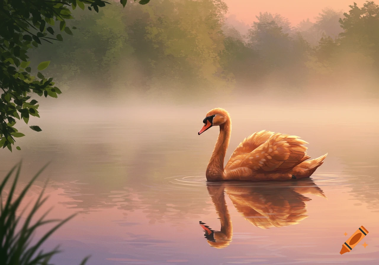 A ginger swan swims on a misty lake with trees in the background, reflecting on the water.