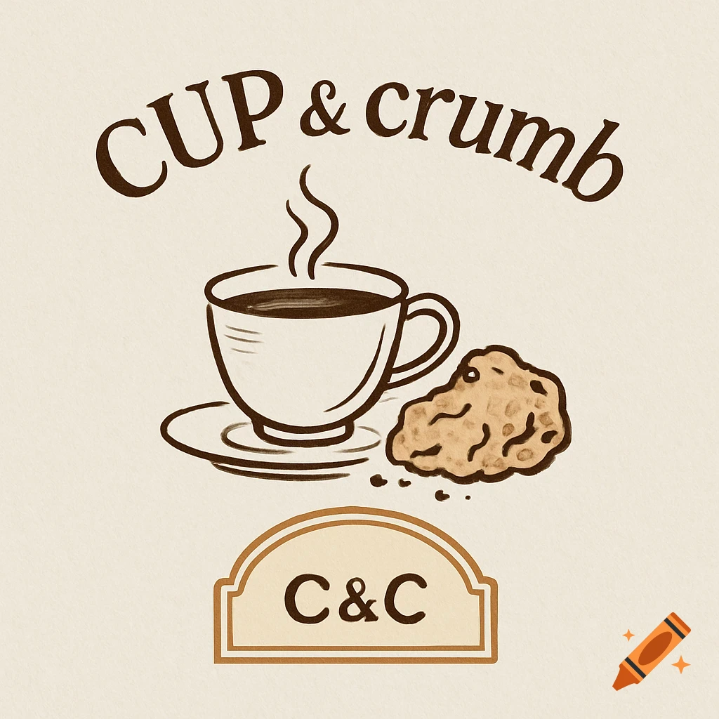 A simple logo for 'CUP & crumb' cafe featuring a steaming coffee cup and a cookie, with 'C & C' in a banner below.