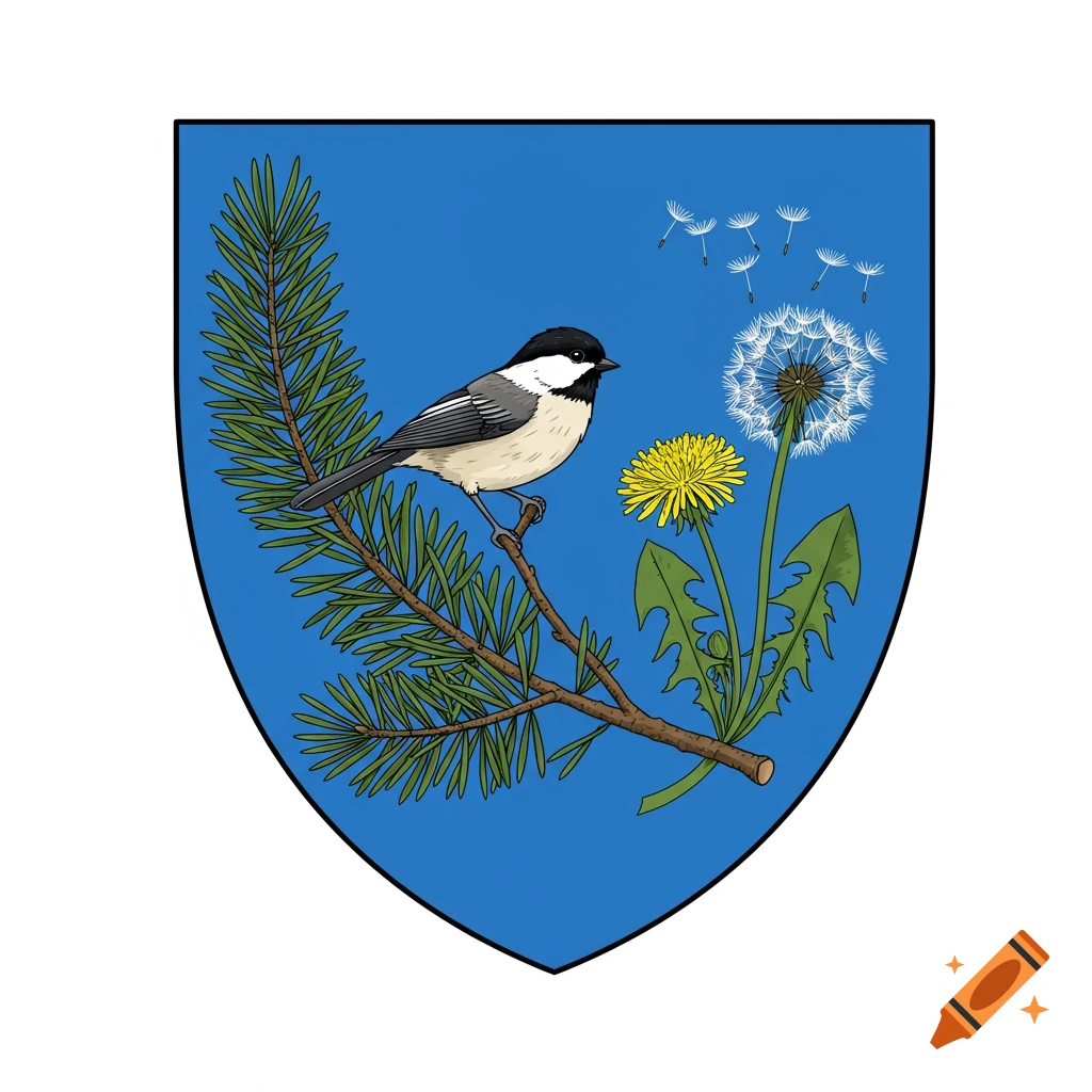A carolina blue shield crest features a black-capped chickadee perched on a longleaf pine branch, with yellow and white dandelions.
