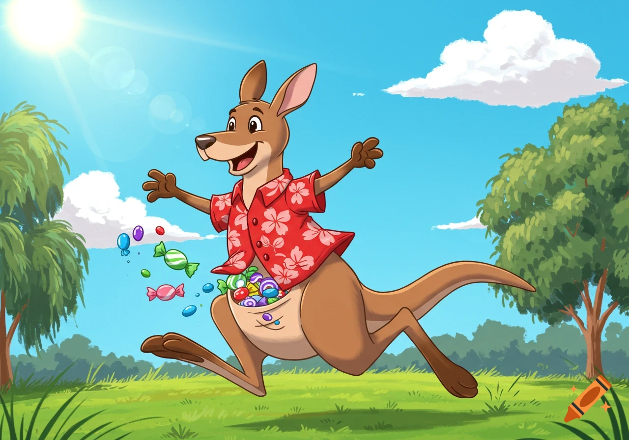 A happy cartoon kangaroo wearing a red Hawaiian shirt runs in a grassy field with candies spilling from its pouch under a sunny sky.