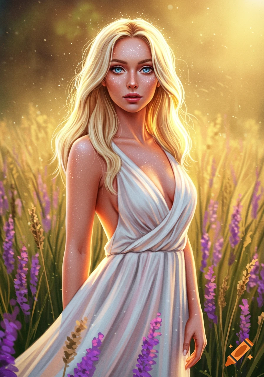 A beautiful blonde woman in a white dress stands in a sunlit field of lavender, detailed digital art.