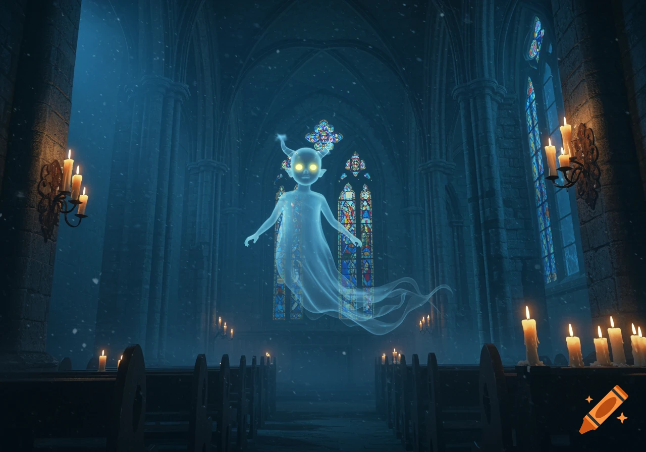 A glowing, spectral figure with horns and bright yellow eyes floats in a dimly lit, snow-dusted Gothic church with stained glass windows and lit candles.