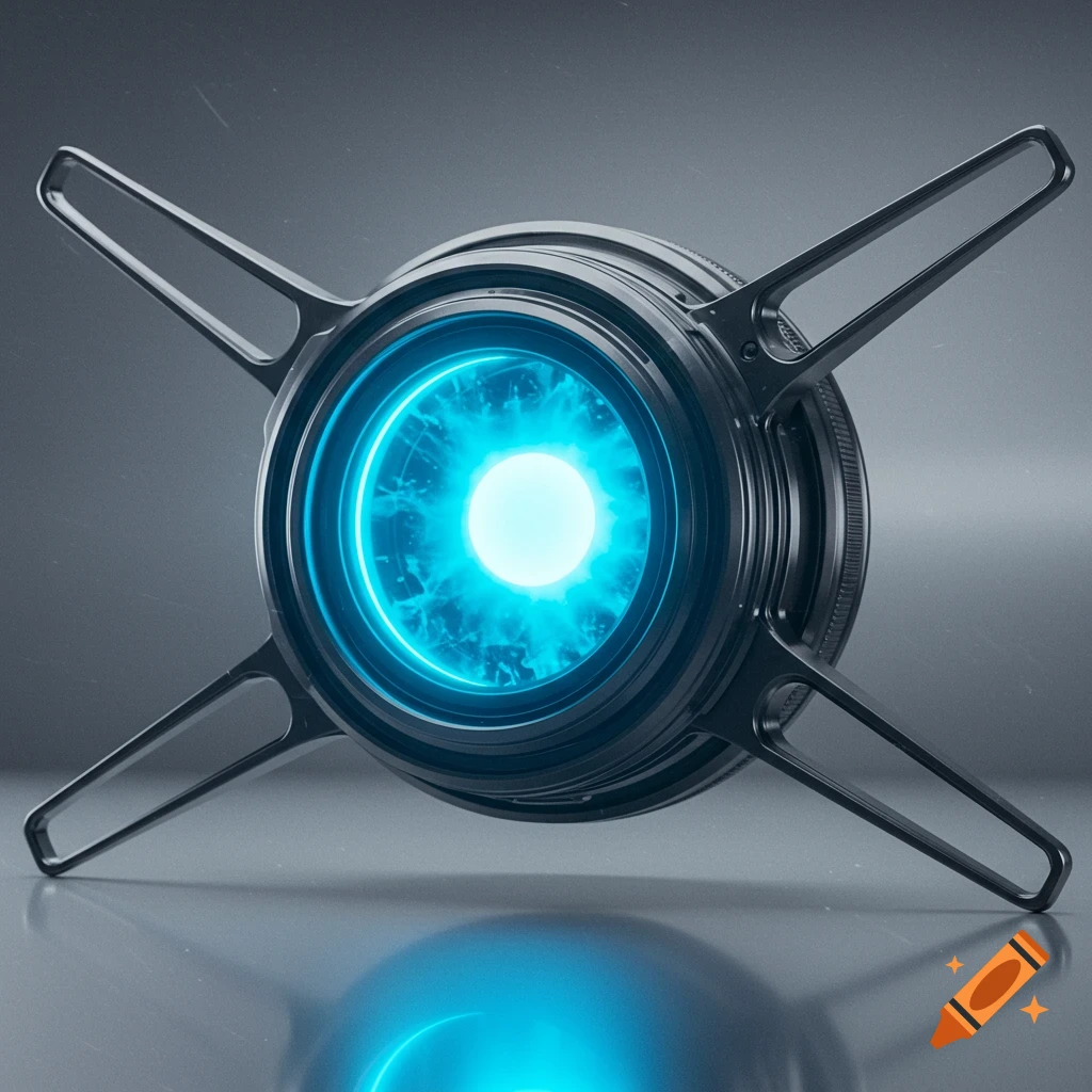 A futuristic black camera-like object with a bright blue glowing core and four metallic fins on a reflective surface.