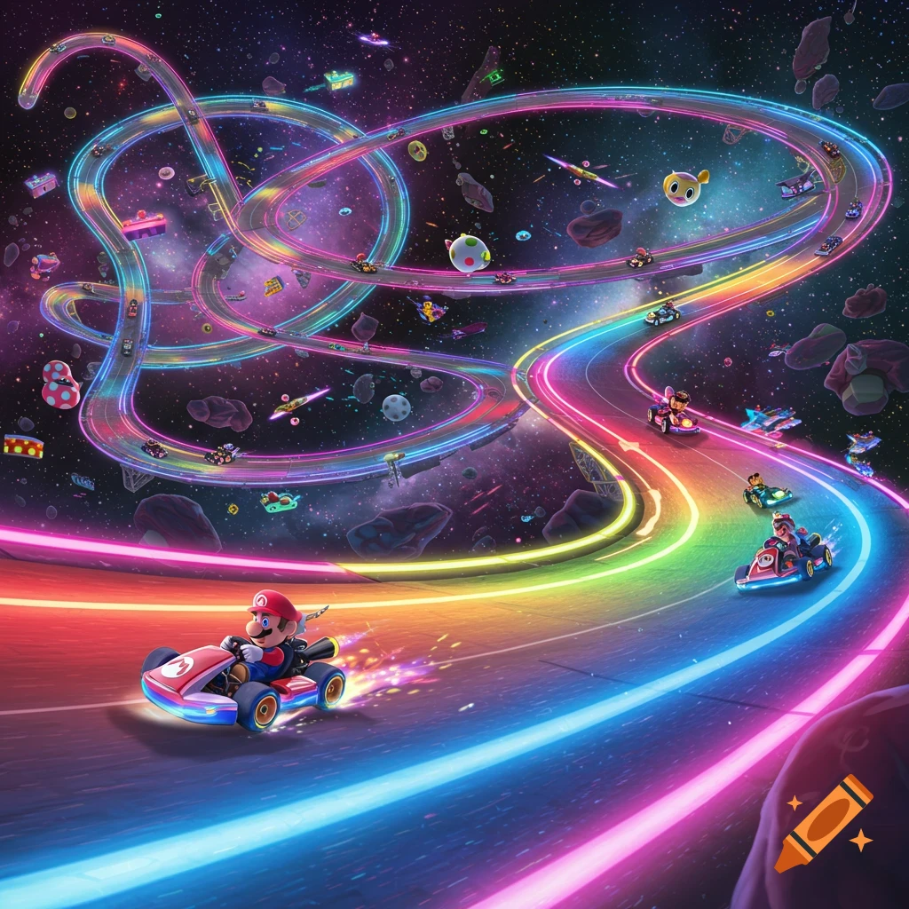 Mario races in a kart on a vibrant, glowing Rainbow Road track winding through a starry space scene with other racers.