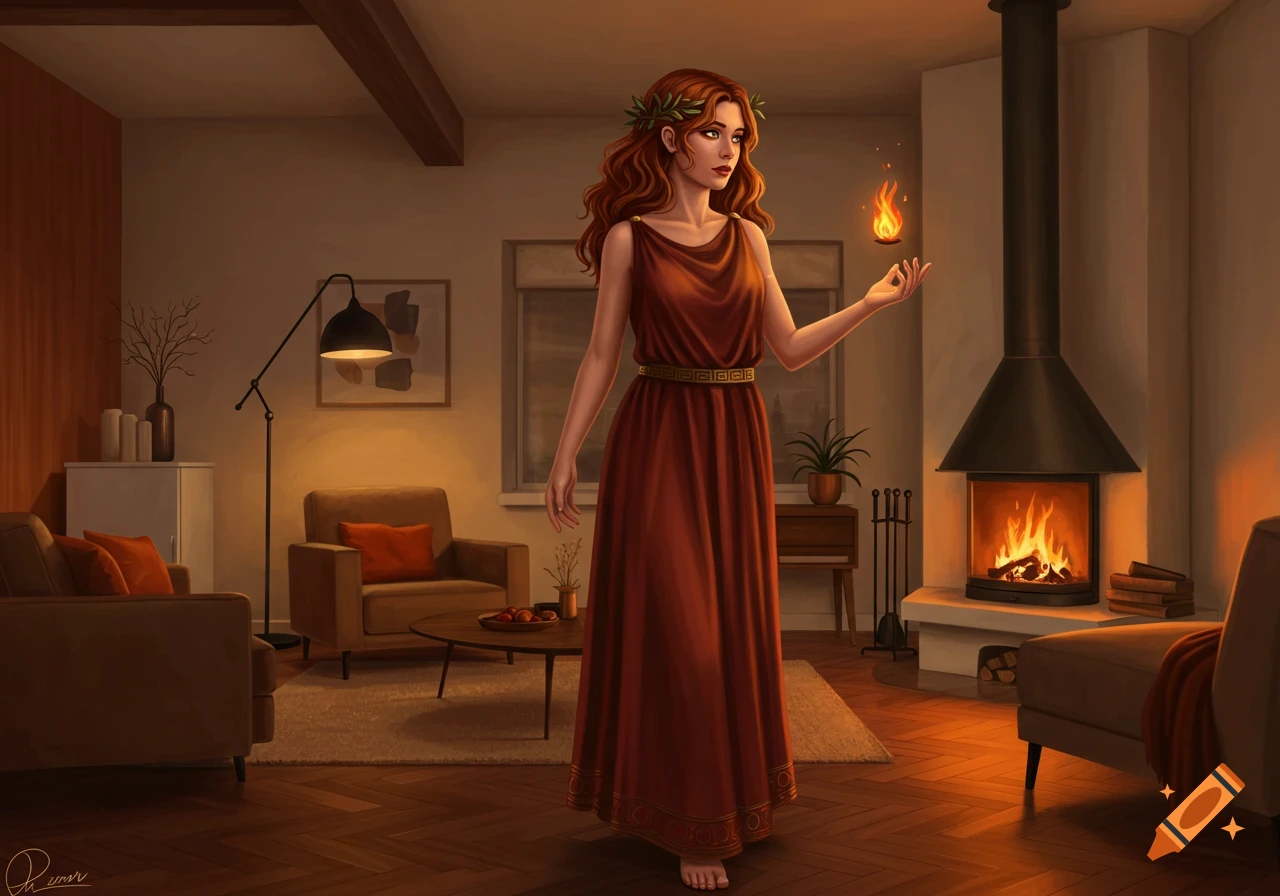 A red-haired woman in a flowing red dress, with a laurel wreath on her head, stands in a modern living room, holding a small flame in her hand. A fireplace glows behind her.