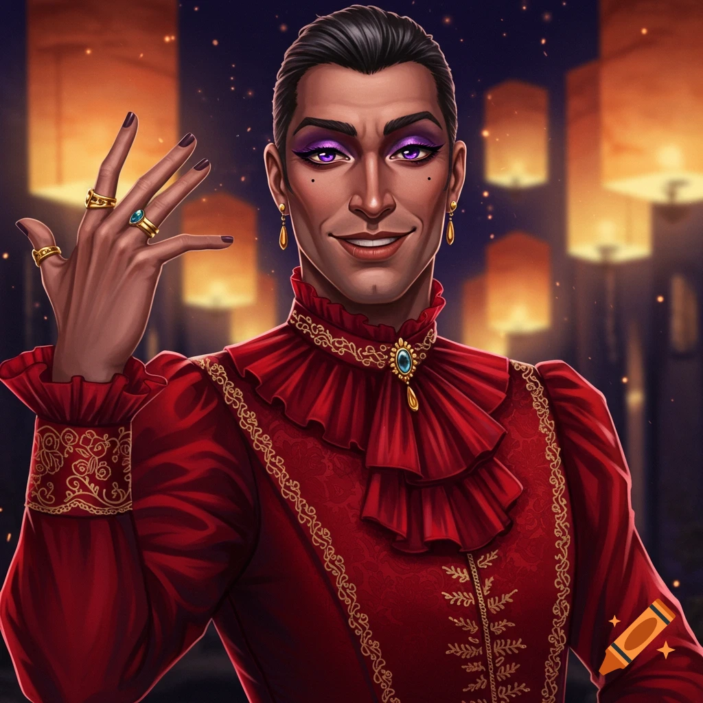 A smiling, stylized portrait of a person with purple eyeliner and rings in an ornate red outfit against glowing lanterns.