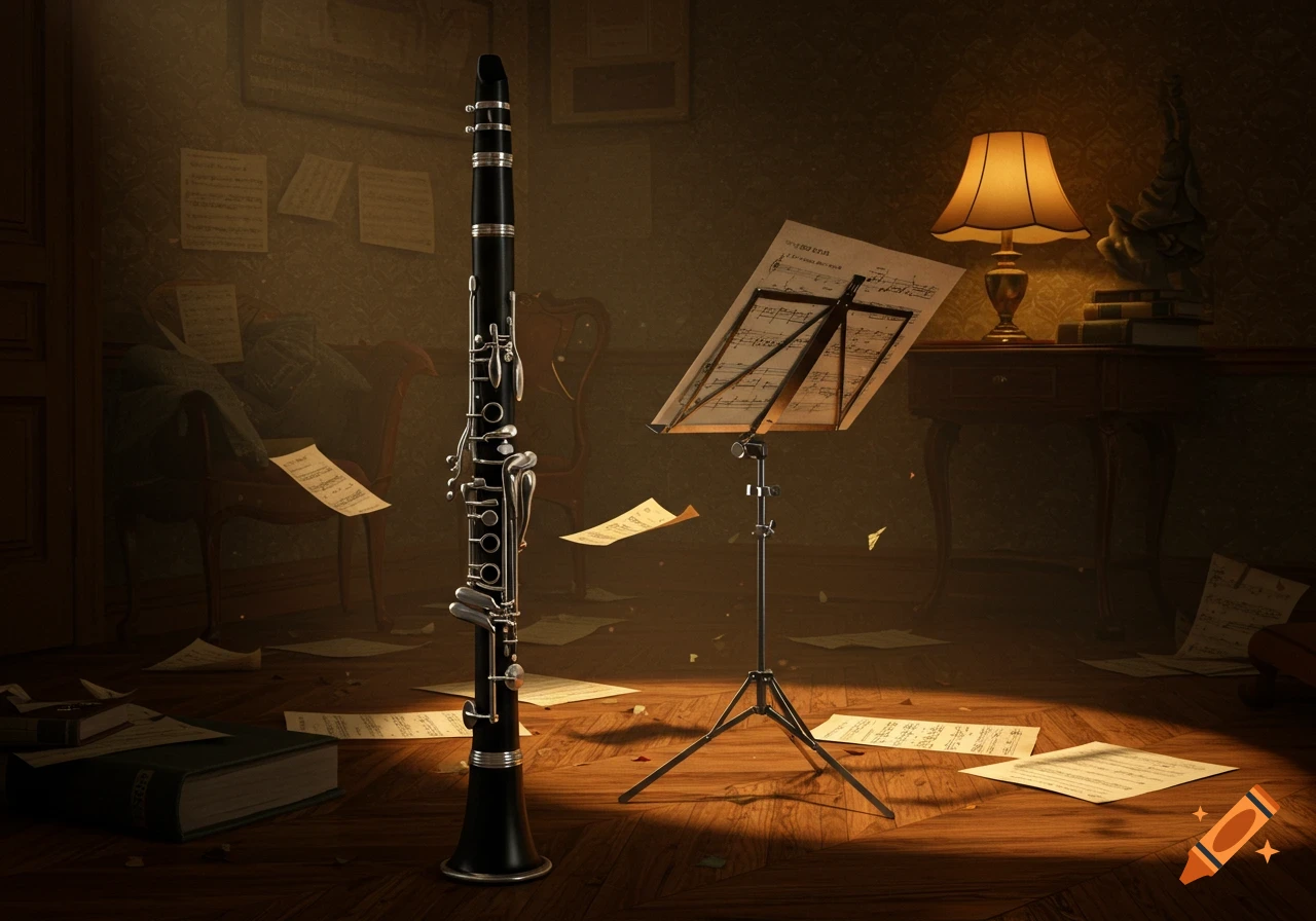 A detailed clarinet stands upright in a dimly lit room filled with scattered music sheets and a music stand.