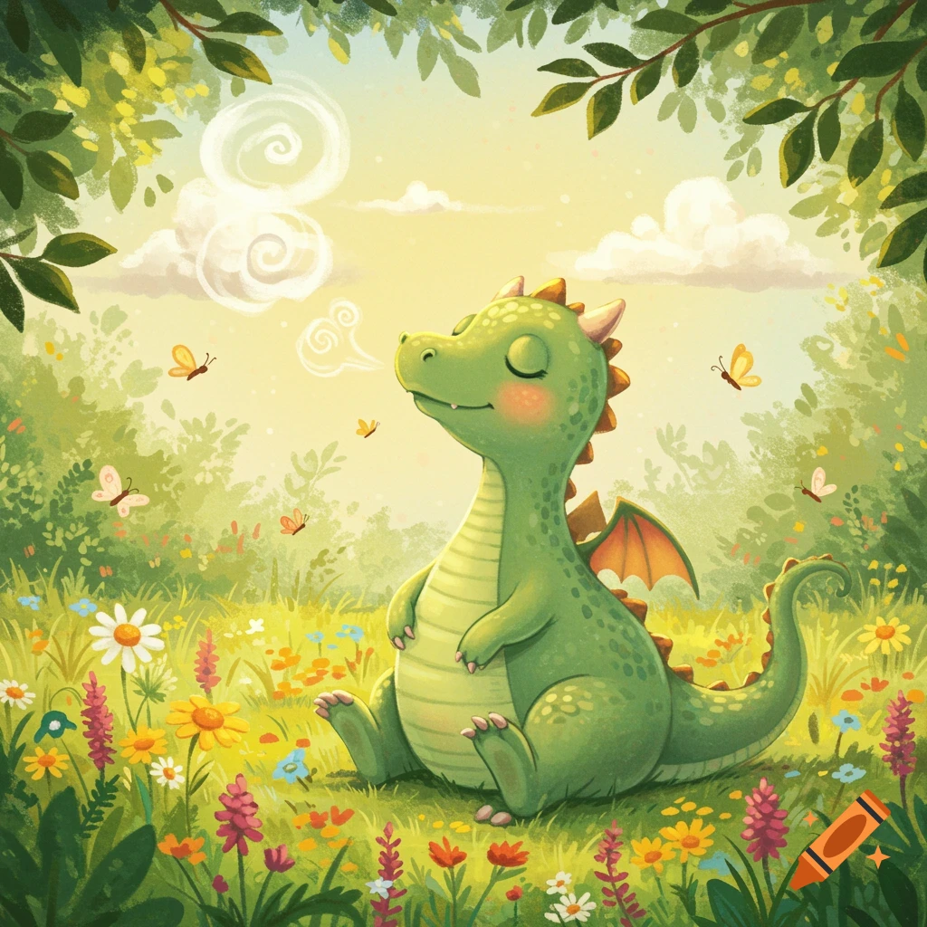 A cute green dragon with closed eyes sits peacefully in a vibrant, sunlit meadow filled with colorful flowers and butterflies, exhaling a swirling puff of smoke.