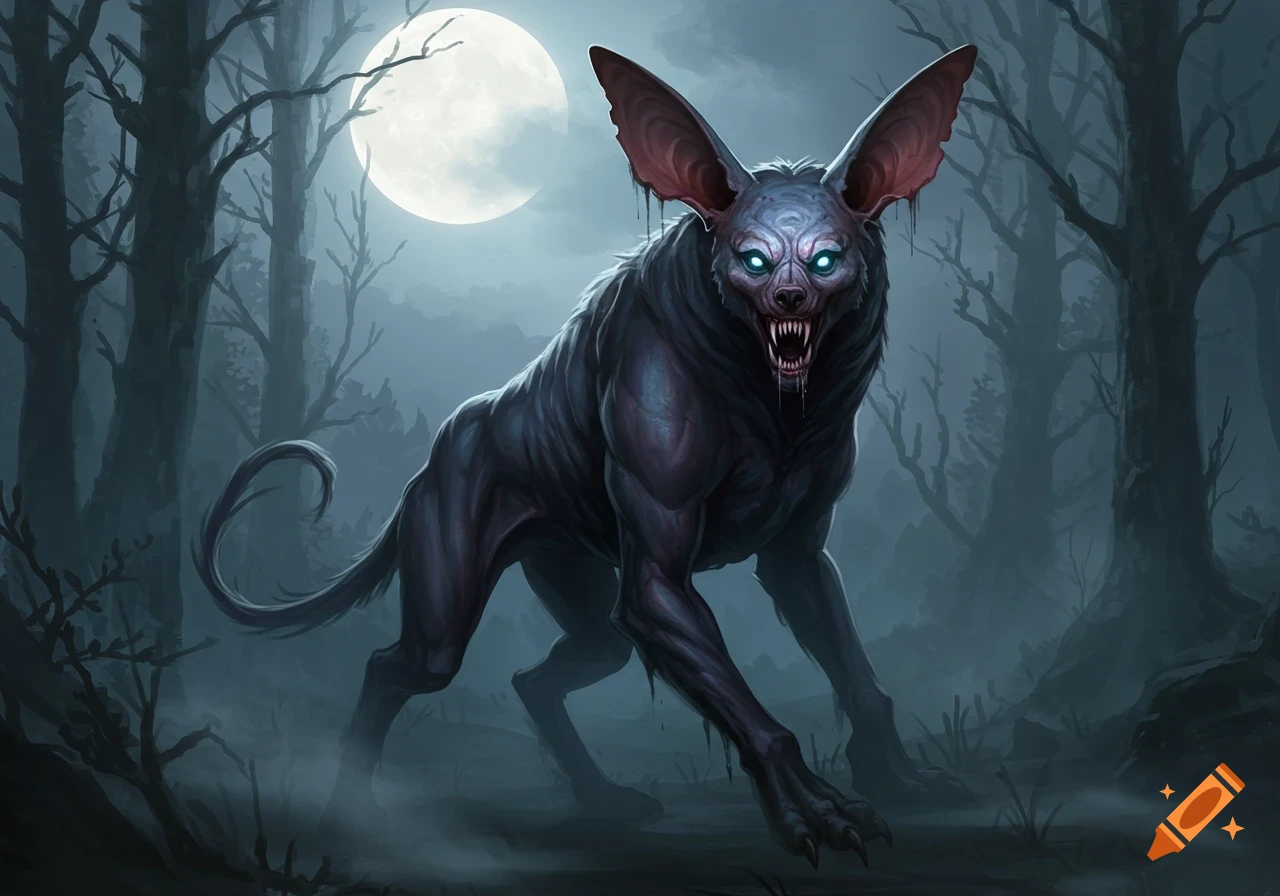 A dark monster with large ears and glowing eyes snarls in a misty forest under a full moon.