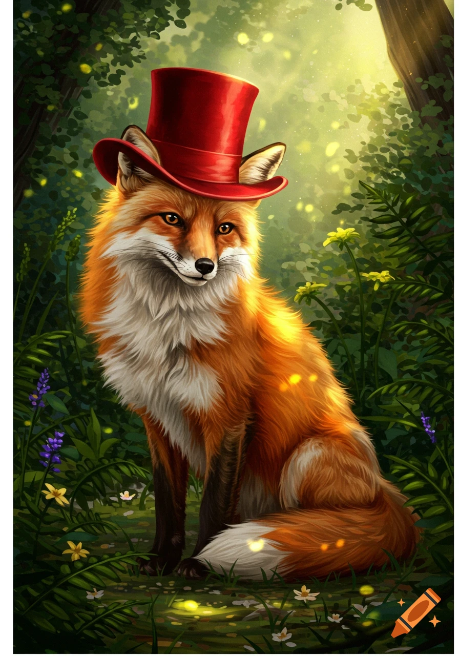 An illustrated orange fox with a red top hat sits in a luminous, magical forest.