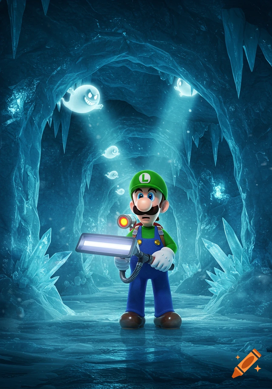 Luigi explores a mysterious, icy cave with his Poltergust, surrounded by glowing Boo ghosts, in a cinematic digital art style.