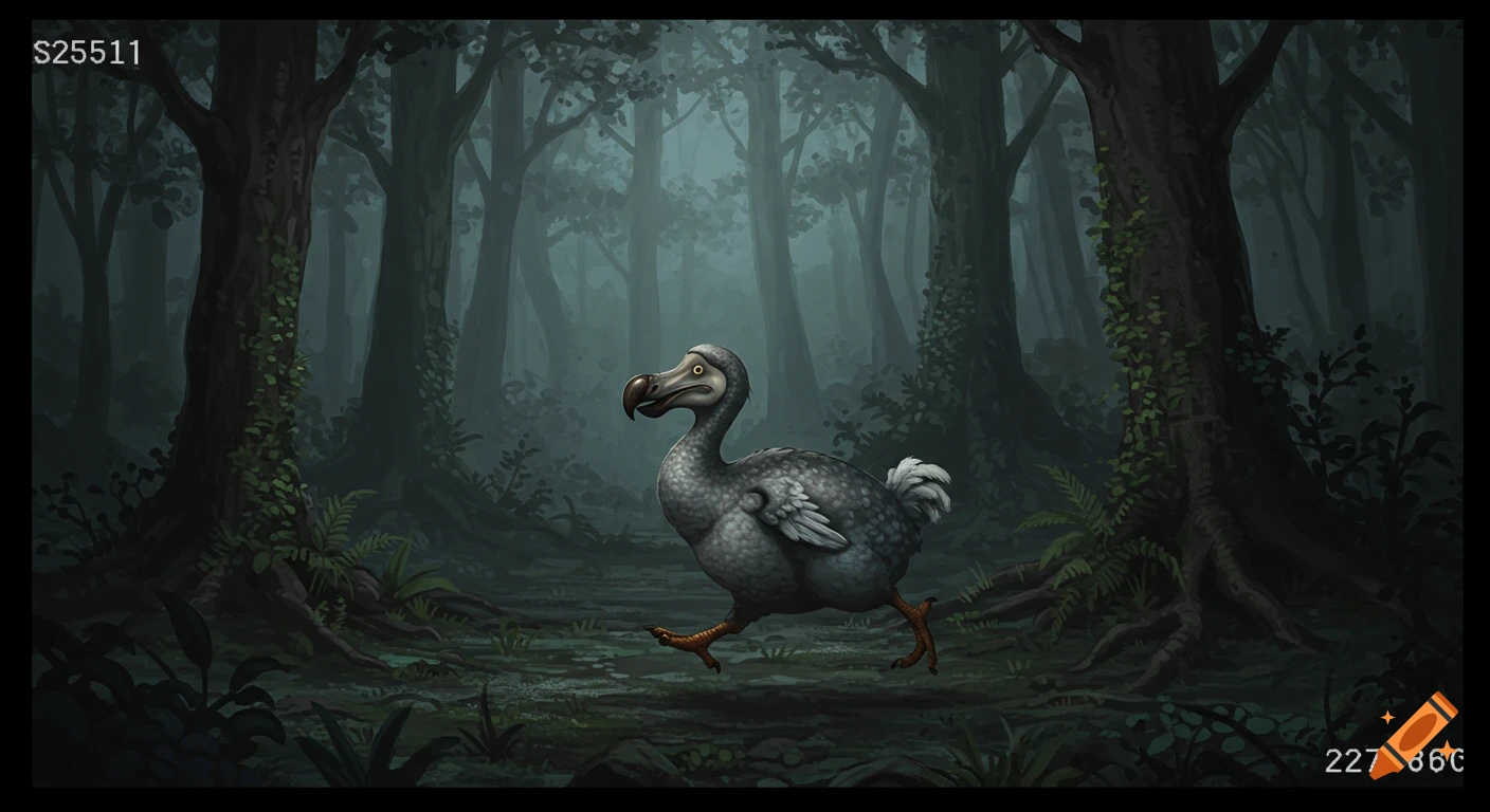 A grey dodo bird runs through a dark, misty forest, presented as CCTV footage with digital text overlays.