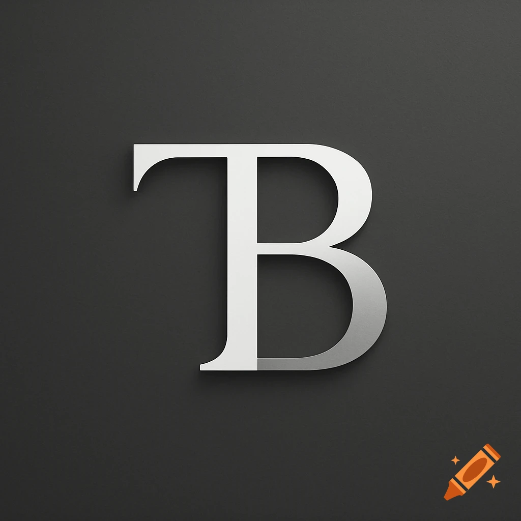 Stylized white and grey 'TB' logo with serifs casting a shadow on a dark grey background.