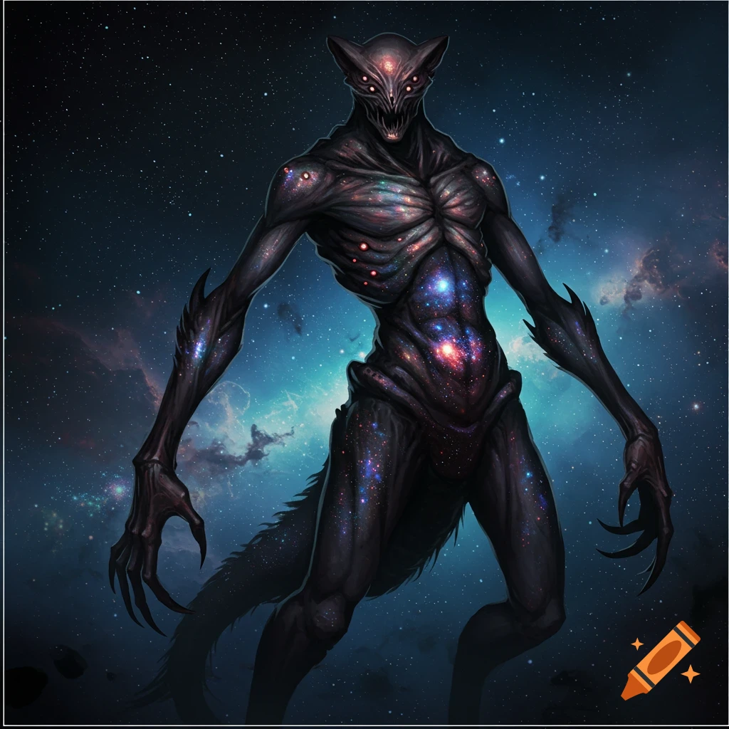 A dark, skeletal alien creature with galaxy patterns on its body stands in outer space with nebulae in the background.