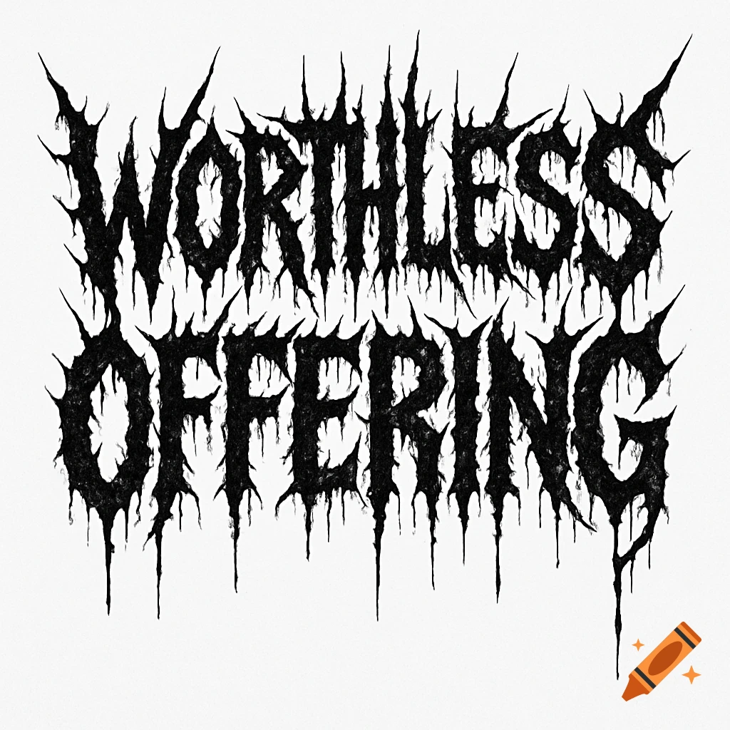 Black and white death metal-style typography reading 'WORTHLESS OFFERING' with jagged, dripping textures.