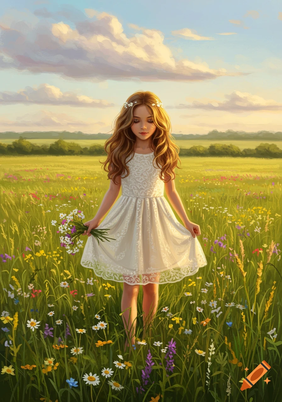 A young girl with long brown hair in a white dress stands in a vibrant ...