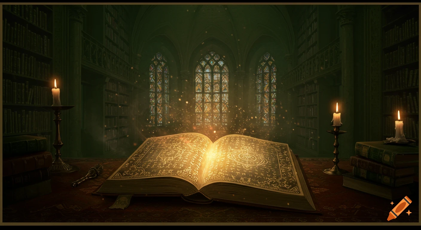 An open magical book glows with symbols on a table in a dark, grand library with stained-glass windows.