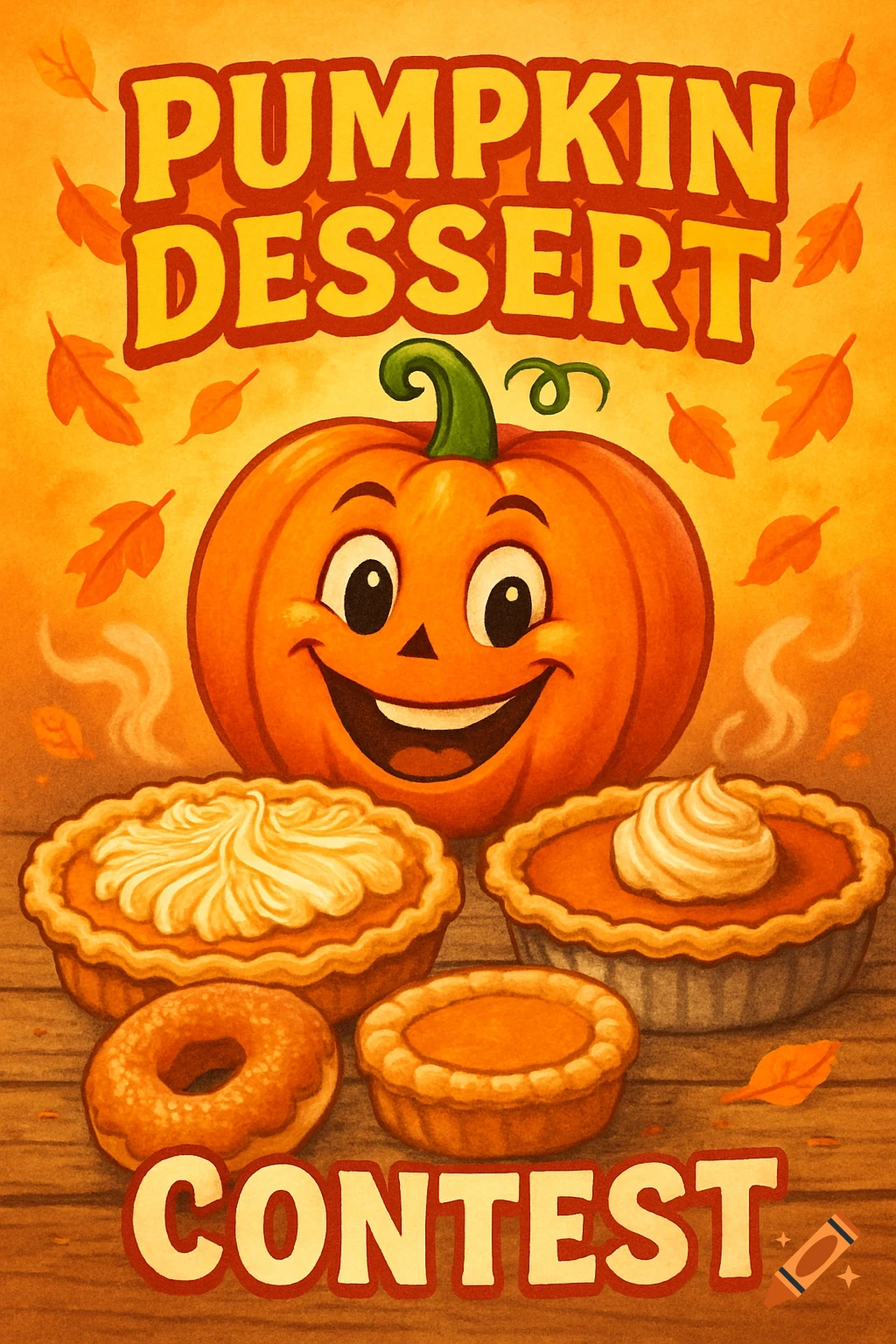 Cartoon pumpkin with a smiling face surrounded by pies, a donut, and fall leaves, with text PUMPKIN DESSERT CONTEST.