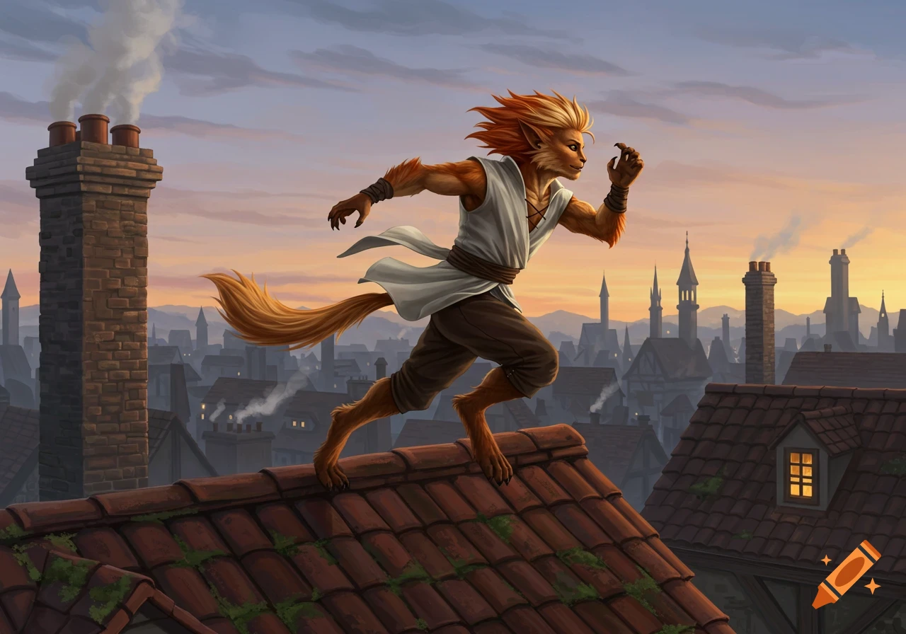 Fantasy concept art of a blonde-furred Hadozee running across tiled rooftops at sunset, overlooking a medieval city.