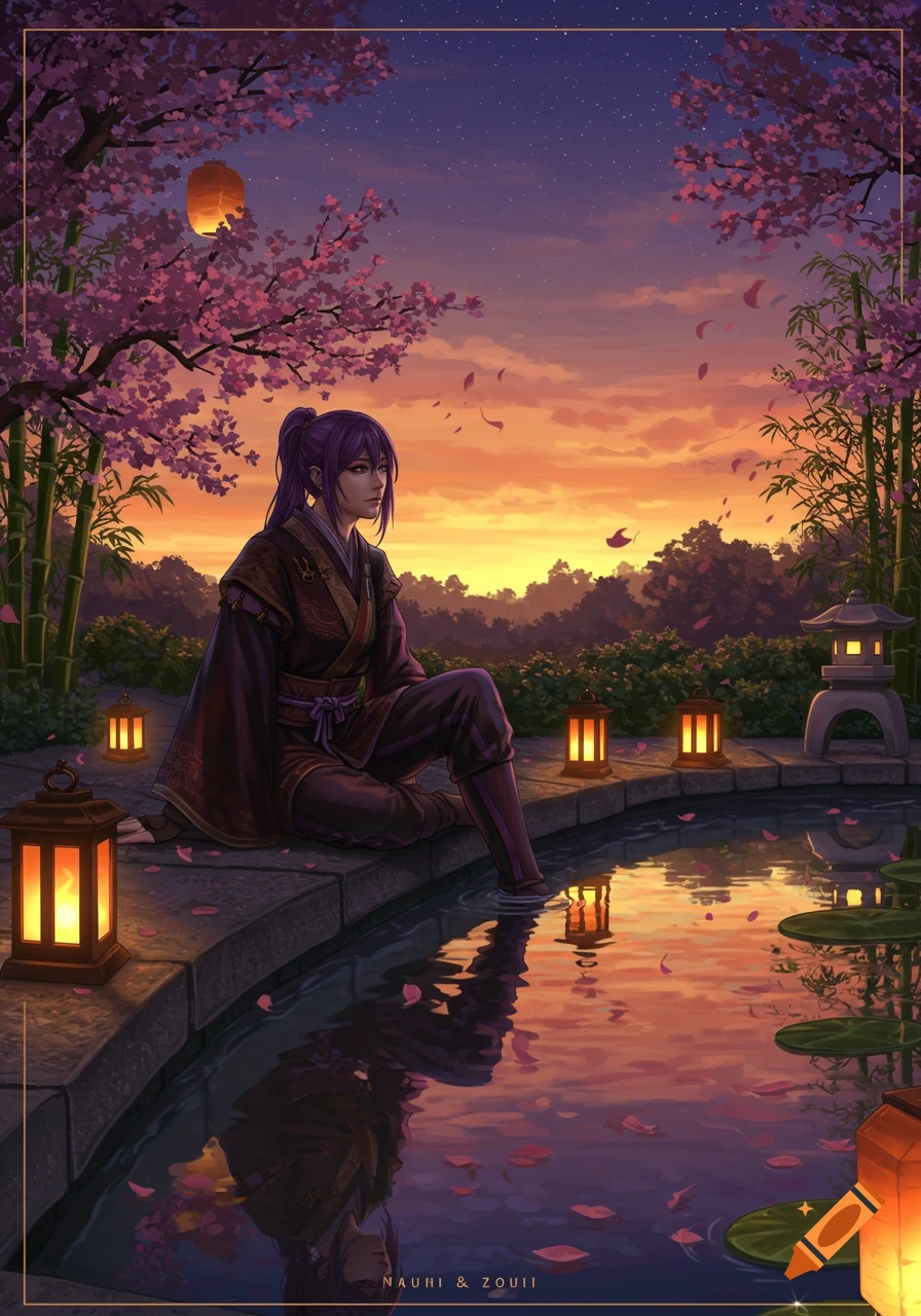 An anime-style person with purple hair sits by a pond in a cherry blossom garden at sunset, dipping a foot in the water. Lit lanterns surround the pond.