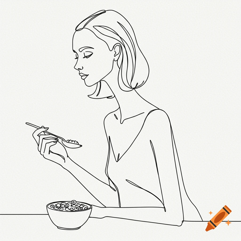 A minimalist line drawing depicts a woman with a long neck eating cereal from a bowl.