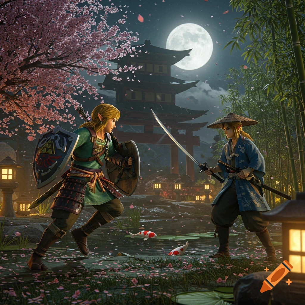 Photorealistic image of two Link-like characters, one a samurai, facing off with swords in a Japanese garden under a full moon.