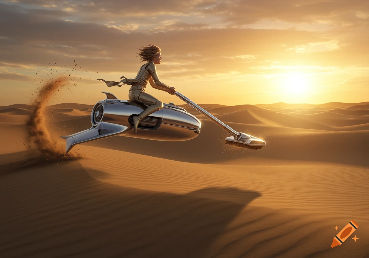 A woman rides a futuristic vacuum cleaner hovercraft over desert dunes at sunset, kicking up sand.