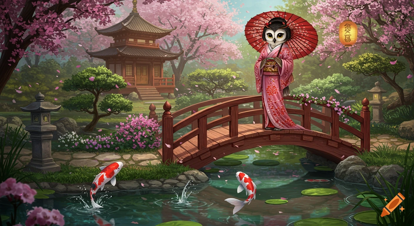 An anthropomorphic owl in a pink kimono stands on a wooden bridge in a beautiful Japanese garden with cherry blossoms, a pond with koi fish, and a temple.