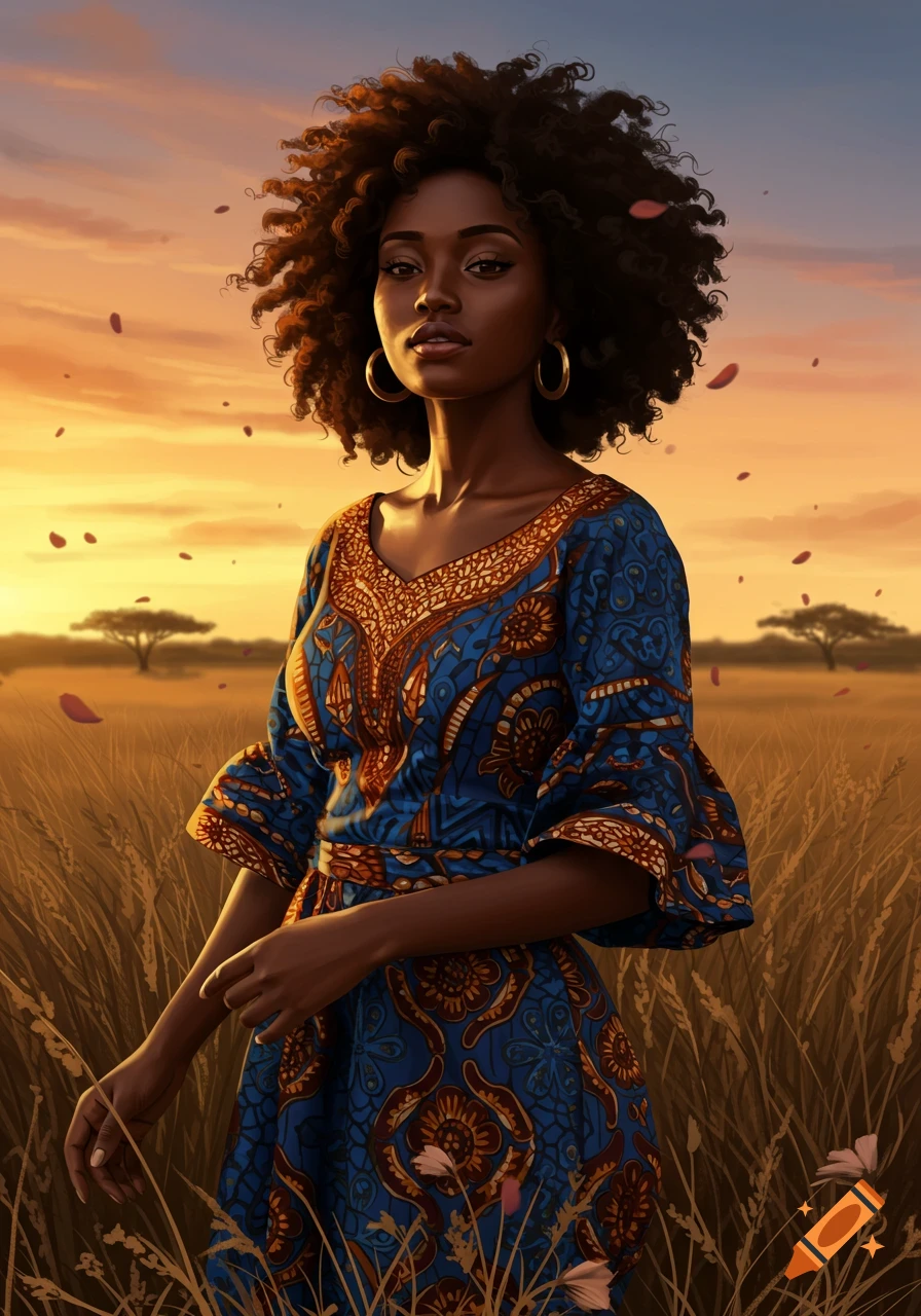 Illustrative portrait of a Black woman with curly hair and hoop earrings, wearing a patterned blue and gold dress, standing in a golden field at sunset.