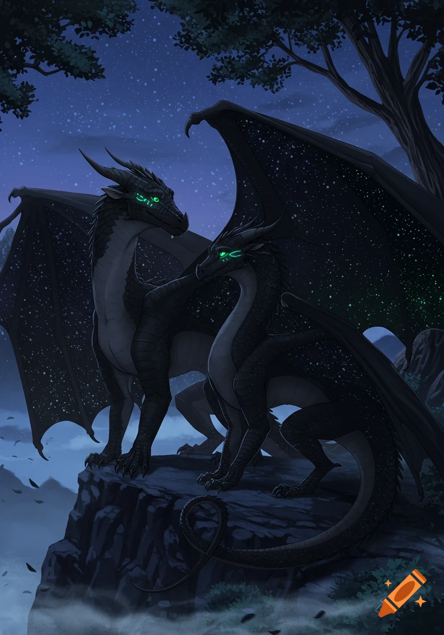Two dark dragons with glowing green eyes and starry wings stand on a cliff edge under a starry night sky.