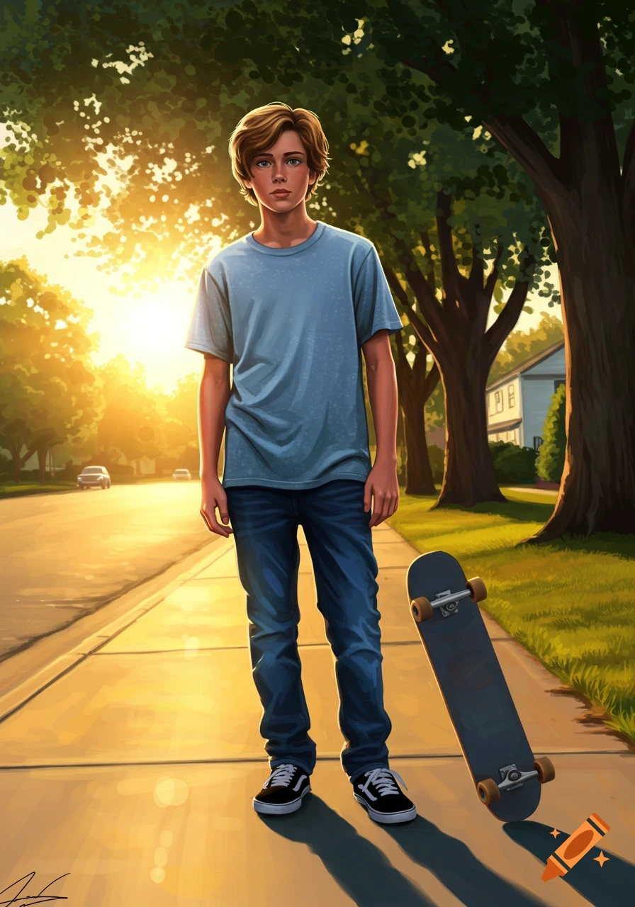 A digitally illustrated teen boy in a blue shirt and jeans stands on a sunny sidewalk next to a skateboard, with trees and houses in the background.