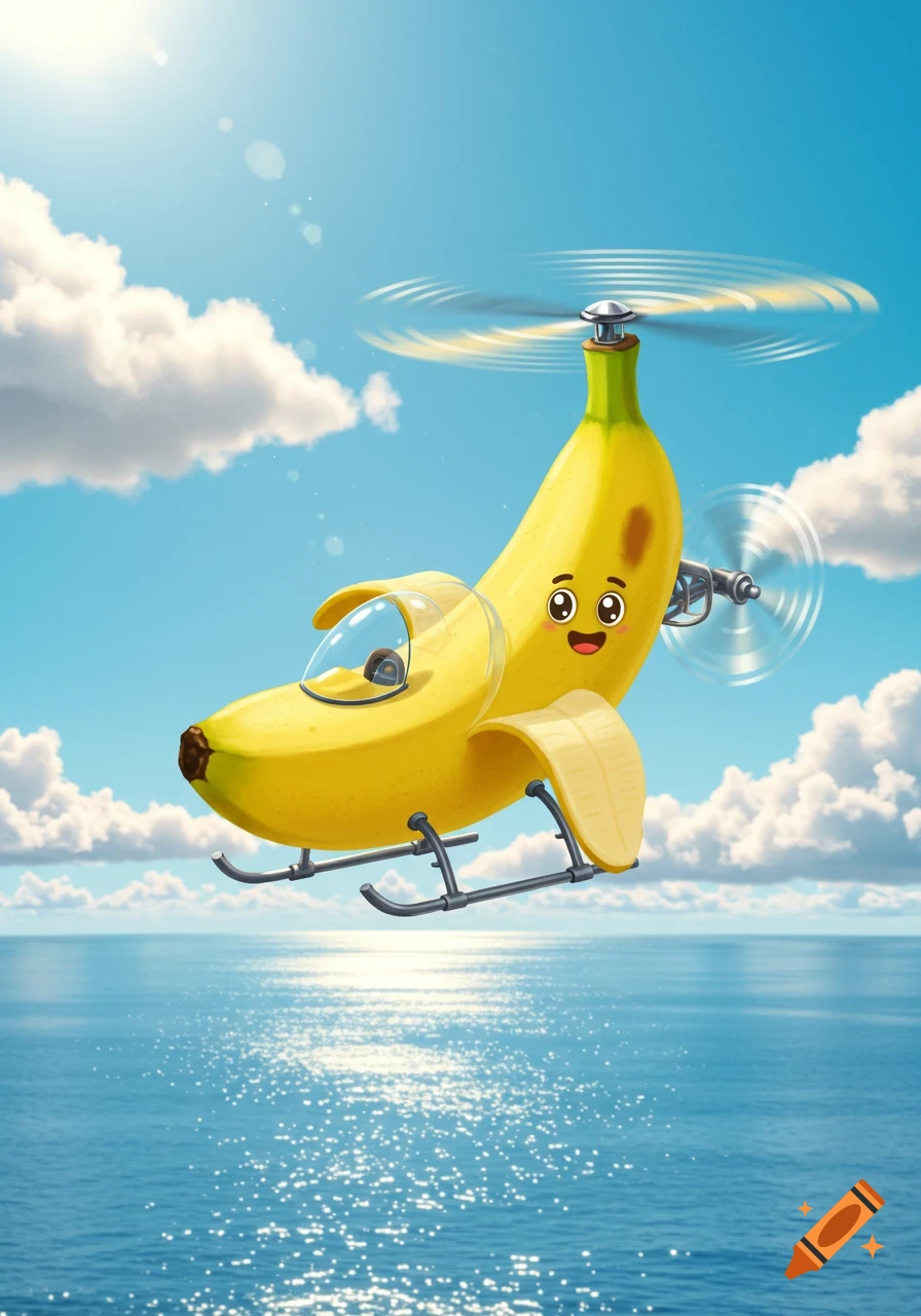 A cheerful cartoon banana helicopter with a happy face flying over a sparkling blue ocean under a bright sky.