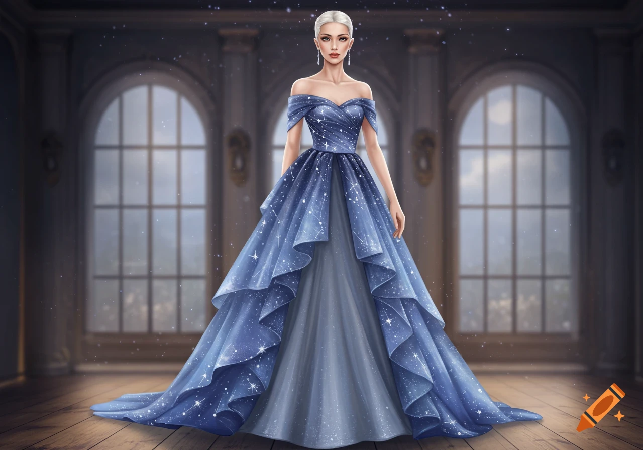 A woman with white hair in a floor-length blue gown with stars and constellations stands in a grand hall with arched windows.