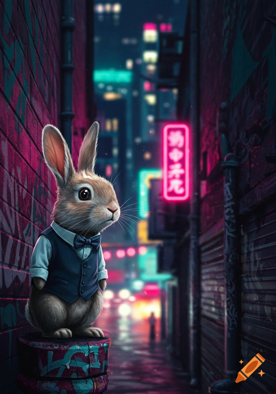 A dapper bunny in a waistcoat and bow tie sits on a graffiti-covered barrel in a neon-lit urban alleyway at night.