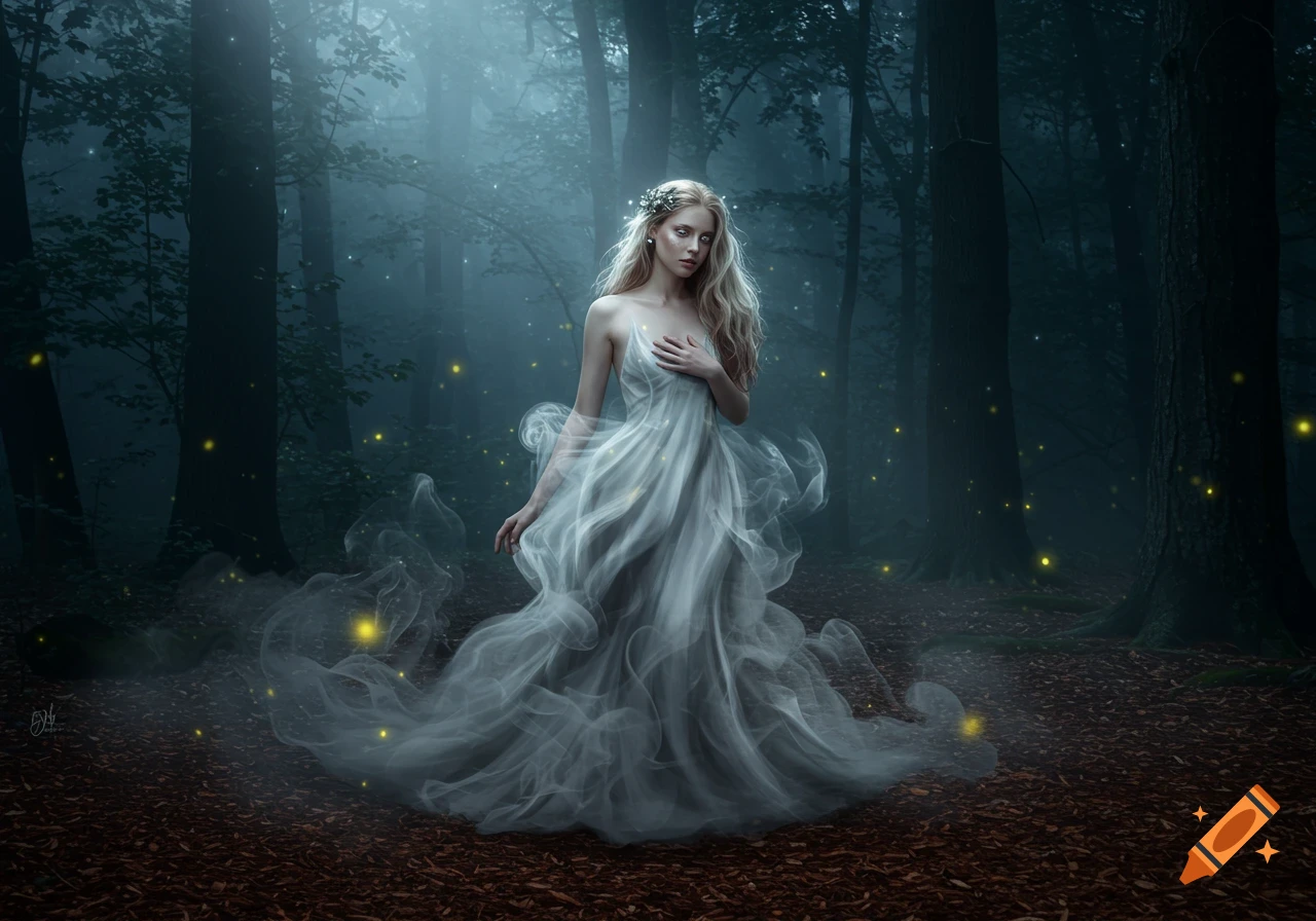 A blonde woman in a flowing, smoke-like white dress stands in a mystical, foggy forest with glowing fireflies.