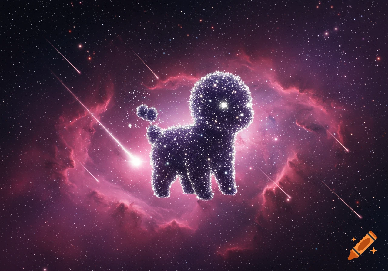 A small, sparkling creature, resembling a puppy, floats in a vibrant purple and pink nebula with shooting stars.