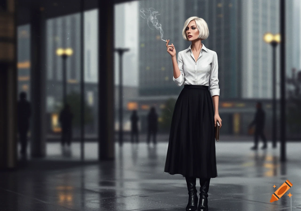 A blonde woman with a bob haircut, dressed in a white shirt, black skirt, and boots, stands outside smoking a cigarette in an urban setting.