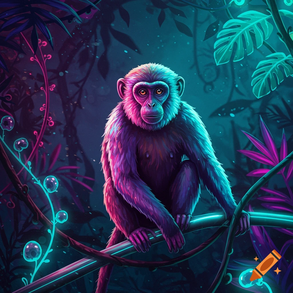 A vibrant, neon-lit monkey with pink and blue fur sits on a glowing branch in a dark, fantastical jungle.