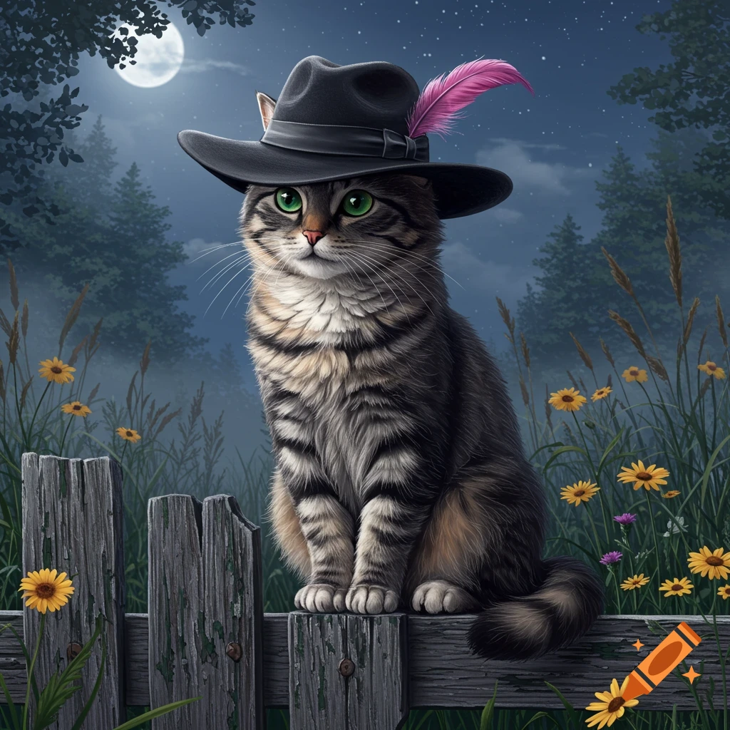 A fluffy tabby cat with green eyes wears a black hat with a pink feather, sitting on a rustic wooden fence at night under a full moon.